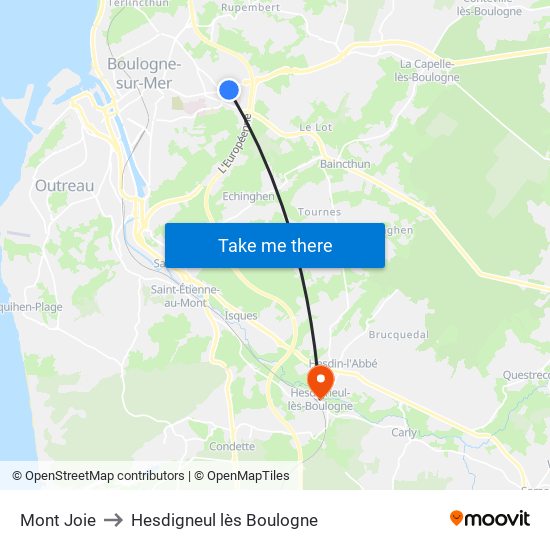 Mont Joie to Hesdigneul lès Boulogne map