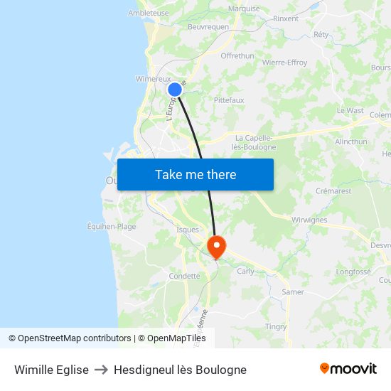 Wimille Eglise to Hesdigneul lès Boulogne map