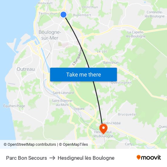Parc Bon Secours to Hesdigneul lès Boulogne map