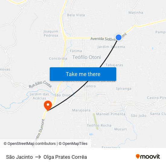 São Jacinto to Olga Prates Corrêa map