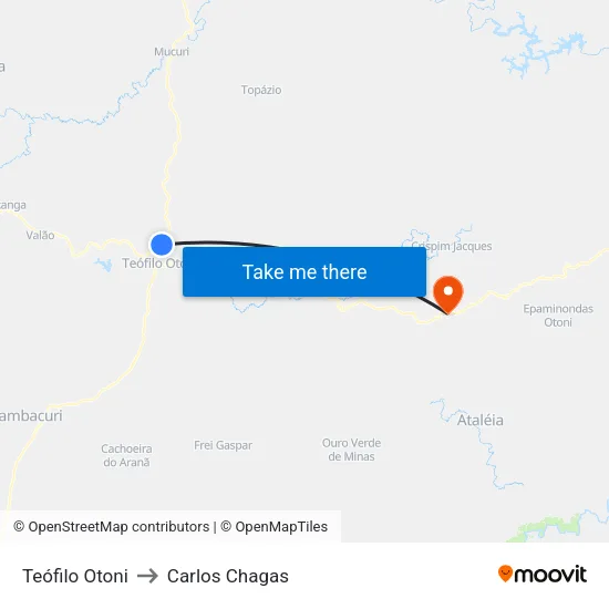 Teófilo Otoni to Carlos Chagas map