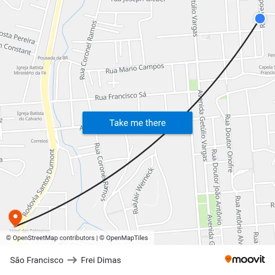São Francisco to Frei Dimas map