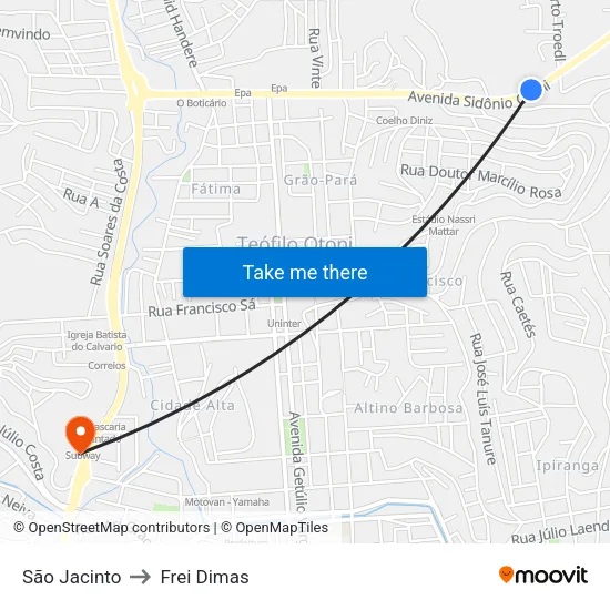 São Jacinto to Frei Dimas map