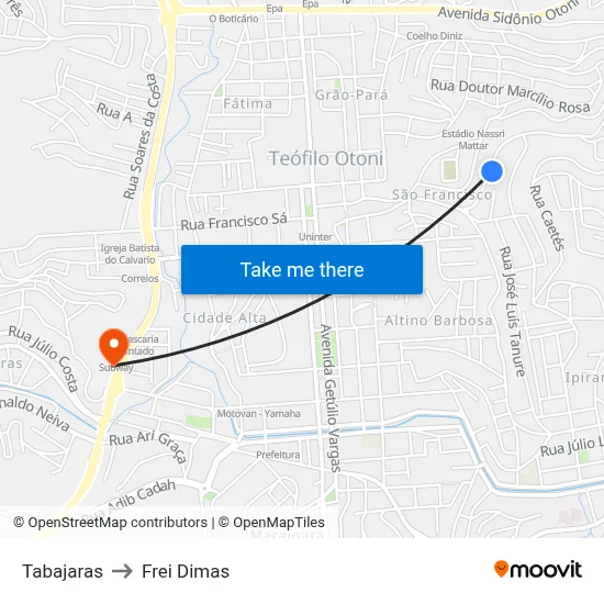 Tabajaras to Frei Dimas map