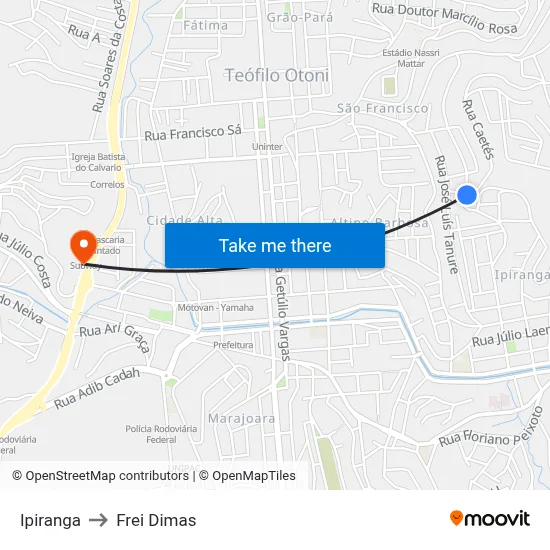 Ipiranga to Frei Dimas map