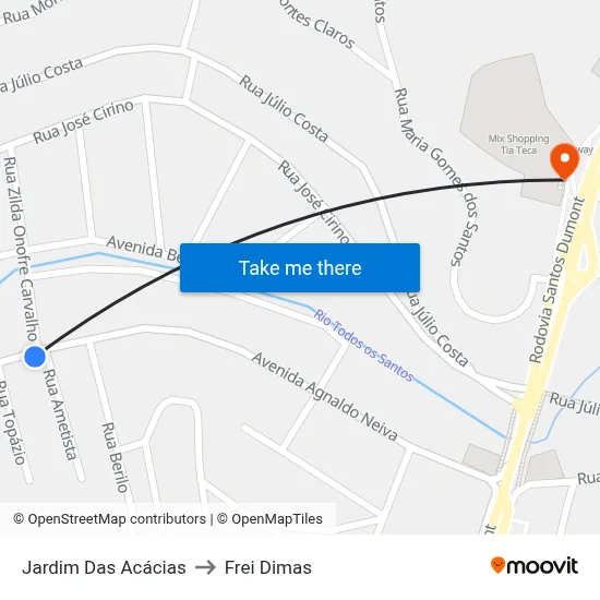 Jardim Das Acácias to Frei Dimas map