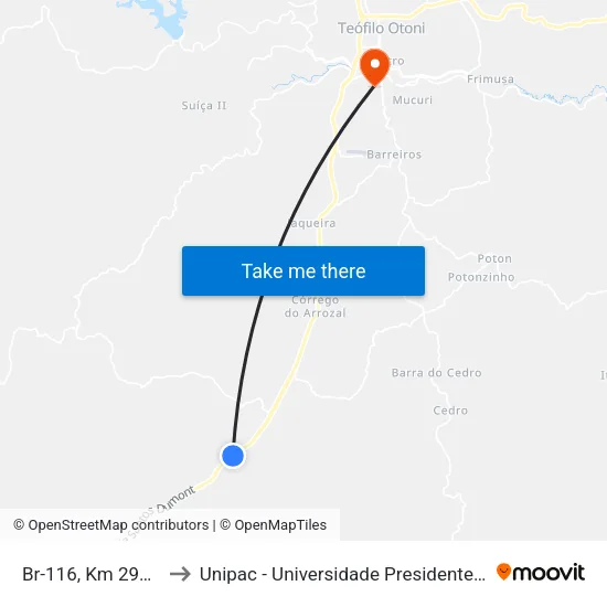 Br-116, Km 292,3 Norte to Unipac - Universidade Presidente Antônio Carlos map