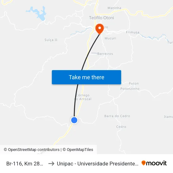 Br-116, Km 289,4 Norte to Unipac - Universidade Presidente Antônio Carlos map