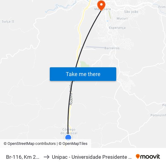 Br-116, Km 286,9 Sul to Unipac - Universidade Presidente Antônio Carlos map