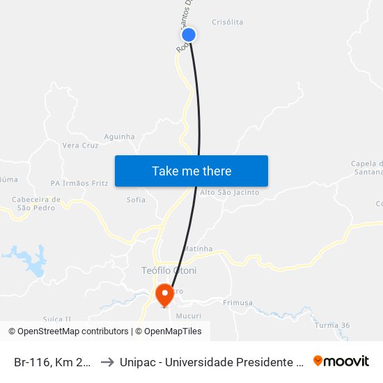 Br-116, Km 262,8 Sul to Unipac - Universidade Presidente Antônio Carlos map