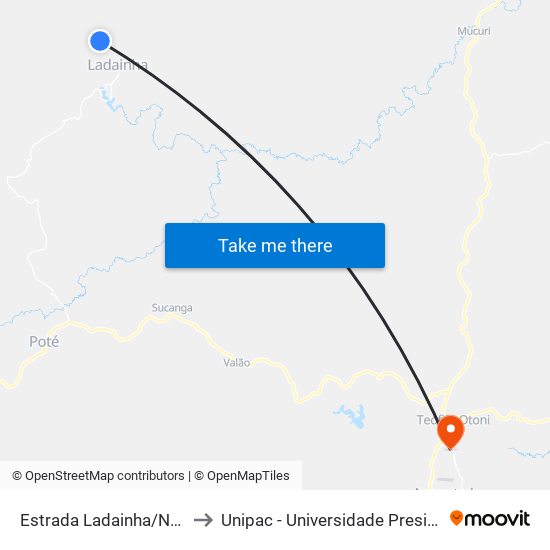 Estrada Ladainha/Novo Cruzeiro, Sul to Unipac - Universidade Presidente Antônio Carlos map