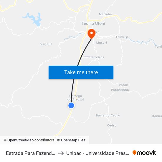 Estrada Para Fazenda Brejaúba, Norte to Unipac - Universidade Presidente Antônio Carlos map