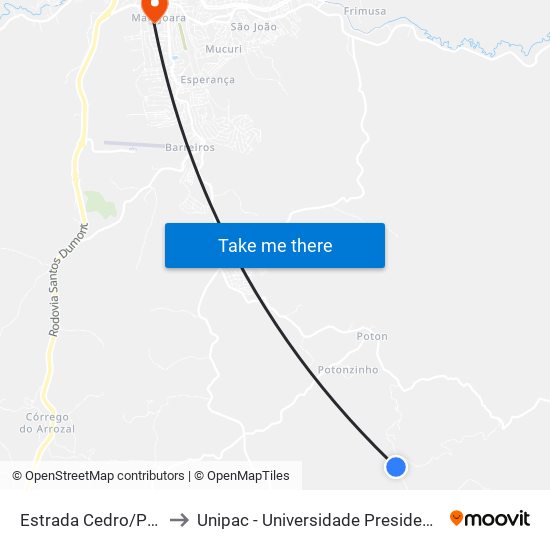 Estrada Cedro/Poton, Norte to Unipac - Universidade Presidente Antônio Carlos map