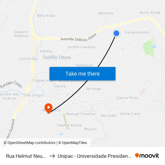 Rua Helmut Neumann, 240 to Unipac - Universidade Presidente Antônio Carlos map