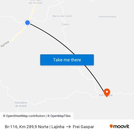 Br-116, Km 289,9 Norte | Lajinha to Frei Gaspar map