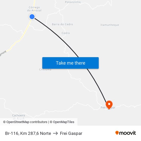 Br-116, Km 287,6 Norte to Frei Gaspar map