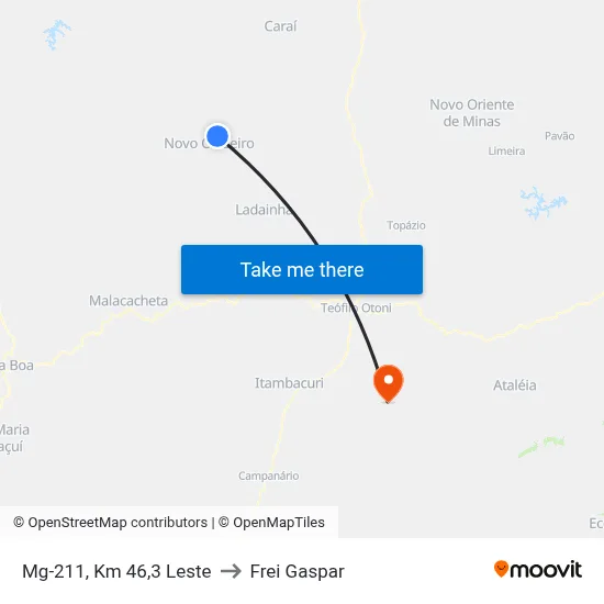 Mg-211, Km 46,3 Leste to Frei Gaspar map