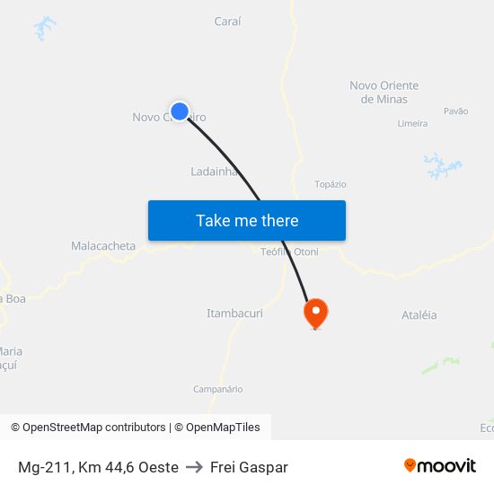 Mg-211, Km 44,6 Oeste to Frei Gaspar map