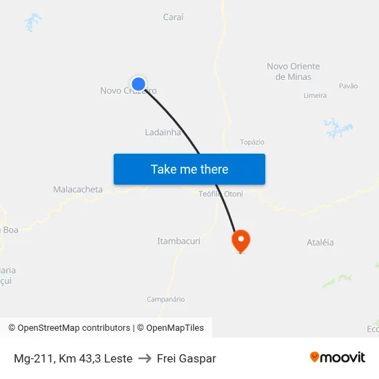 Mg-211, Km 43,3 Leste to Frei Gaspar map