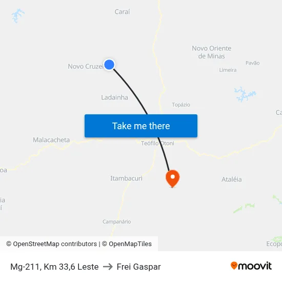 Mg-211, Km 33,6 Leste to Frei Gaspar map