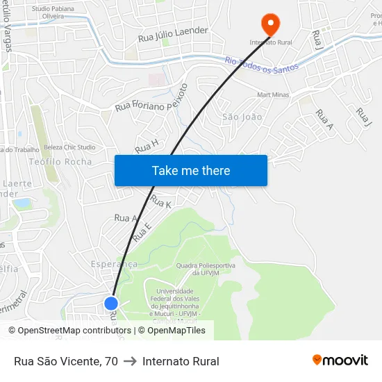 Rua São Vicente, 70 to Internato Rural map