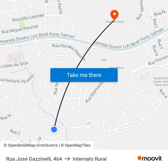 Rua José Gazzinelli, 464 to Internato Rural map