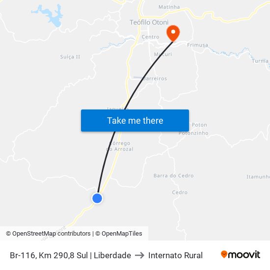 Br-116, Km 290,8 Sul | Liberdade to Internato Rural map