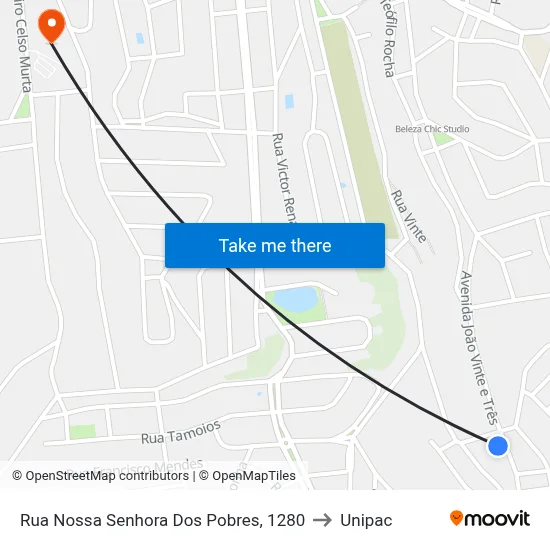 Rua Nossa Senhora Dos Pobres, 1280 to Unipac map