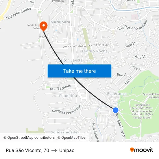 Rua São Vicente, 70 to Unipac map