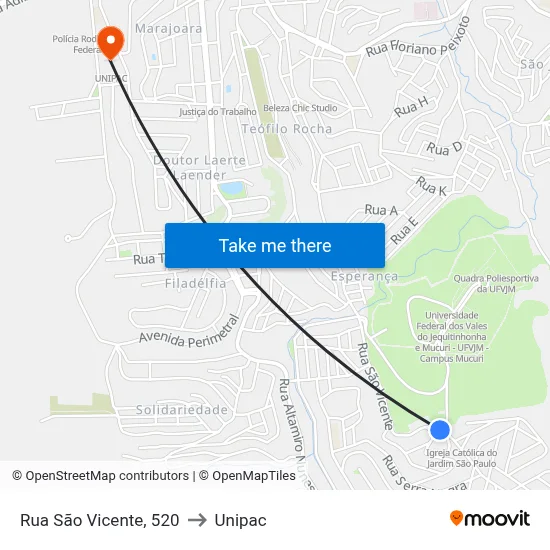 Rua São Vicente, 520 to Unipac map