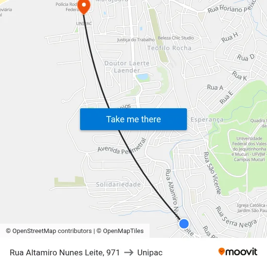 Rua Altamiro Nunes Leite, 971 to Unipac map