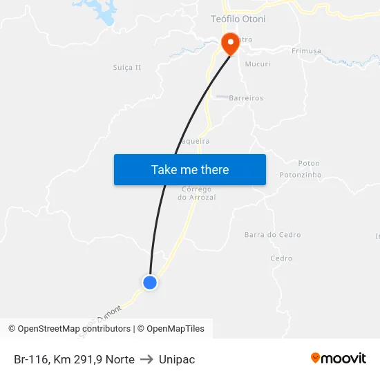 Br-116, Km 291,9 Norte to Unipac map