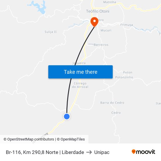 Br-116, Km 290,8 Norte | Liberdade to Unipac map