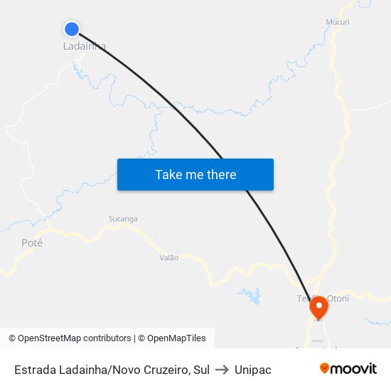 Estrada Ladainha/Novo Cruzeiro, Sul to Unipac map