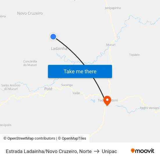 Estrada Ladainha/Novo Cruzeiro, Norte to Unipac map