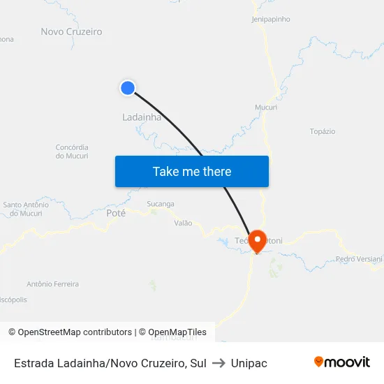 Estrada Ladainha/Novo Cruzeiro, Sul to Unipac map