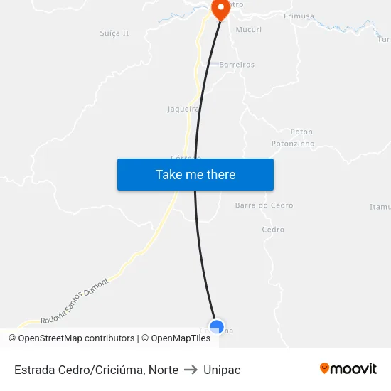 Estrada Cedro/Criciúma, Norte to Unipac map