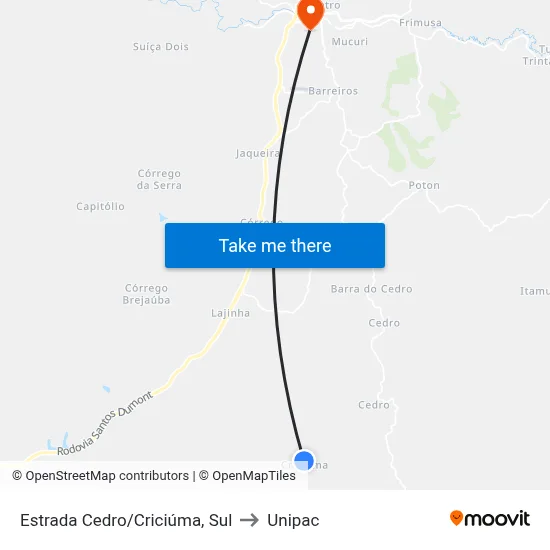 Estrada Cedro/Criciúma, Sul to Unipac map