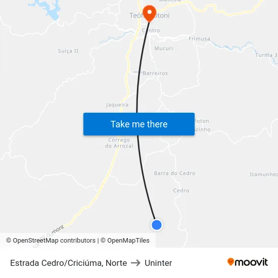 Estrada Cedro/Criciúma, Norte to Uninter map