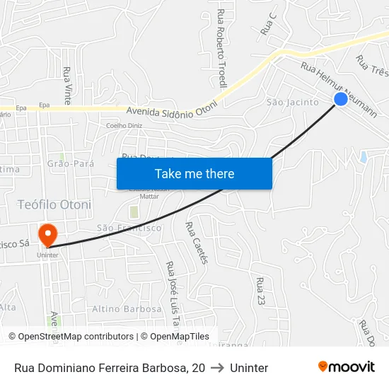 Rua Dominiano Ferreira Barbosa, 20 to Uninter map
