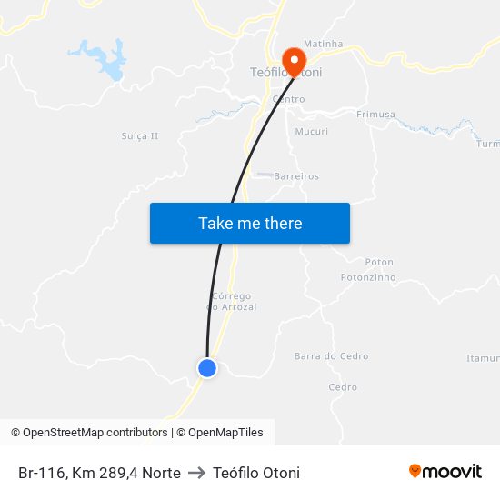 Br-116, Km 289,4 Norte to Teófilo Otoni map