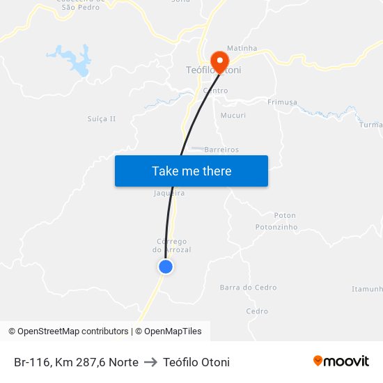 Br-116, Km 287,6 Norte to Teófilo Otoni map