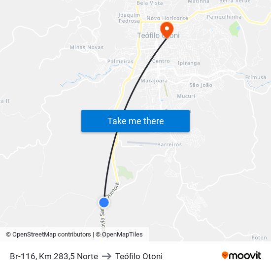 Br-116, Km 283,5 Norte to Teófilo Otoni map