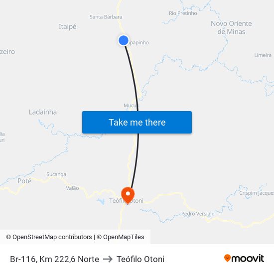 Br-116, Km 222,6 Norte to Teófilo Otoni map