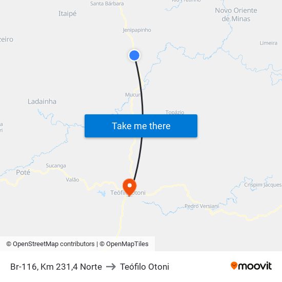 Br-116, Km 231,4 Norte to Teófilo Otoni map