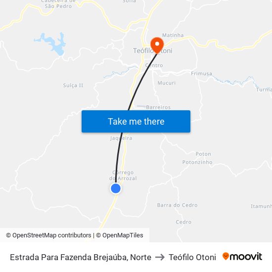 Estrada Para Fazenda Brejaúba, Norte to Teófilo Otoni map