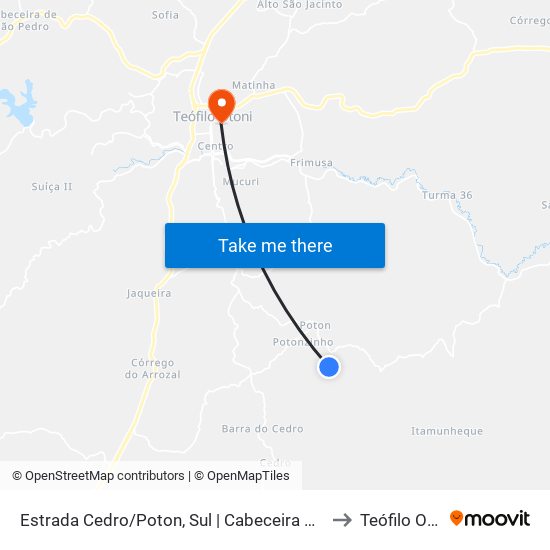 Estrada Cedro/Poton, Sul | Cabeceira Do Jabuti to Teófilo Otoni map