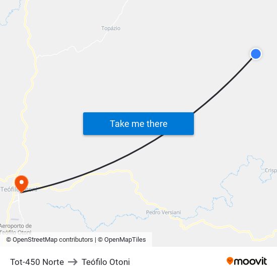 Tot-450 Norte to Teófilo Otoni map