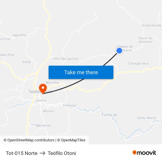 Tot-015 Norte to Teófilo Otoni map