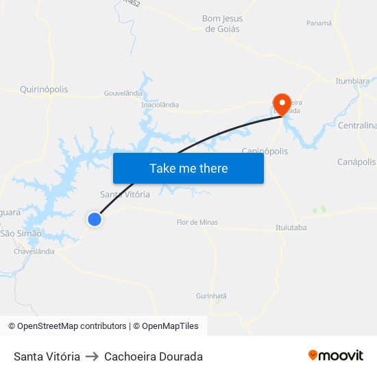 Santa Vitória to Cachoeira Dourada map